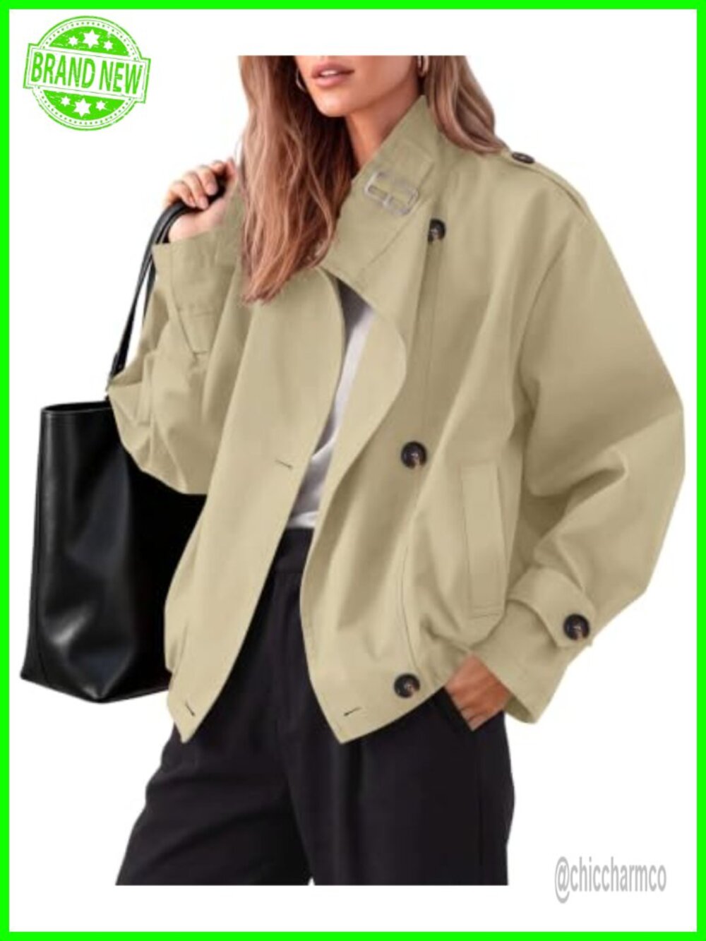 Funnel Neck Cropped Trench Jacket with Side Pockets